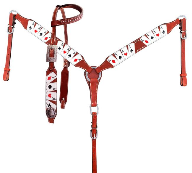 14637 - "Four of A Kind" painted One Ear Bridle, Breastplate & Split Reins Set
