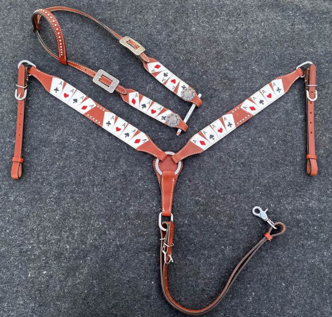 14637 - "Four of A Kind" painted One Ear Bridle, Breastplate & Split Reins Set