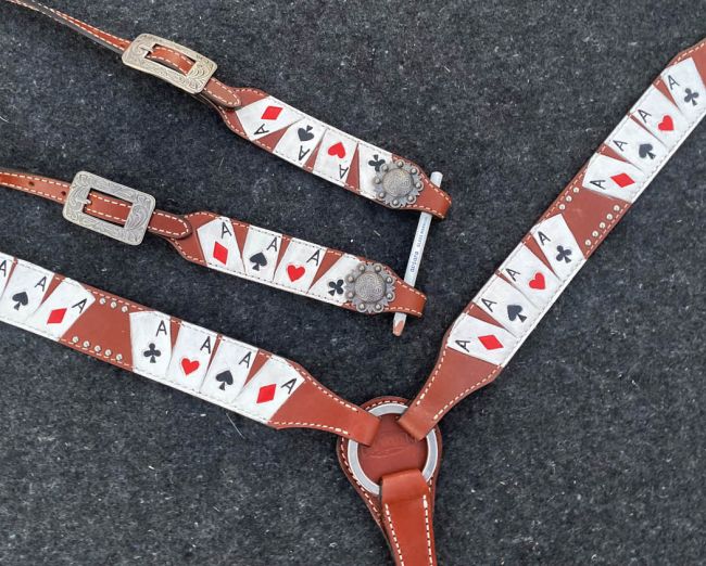 14637 - "Four of A Kind" painted One Ear Bridle, Breastplate & Split Reins Set