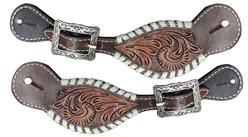 30988 - Ladies Leather spur strap with tooled leather and rawhide whip stitch edges