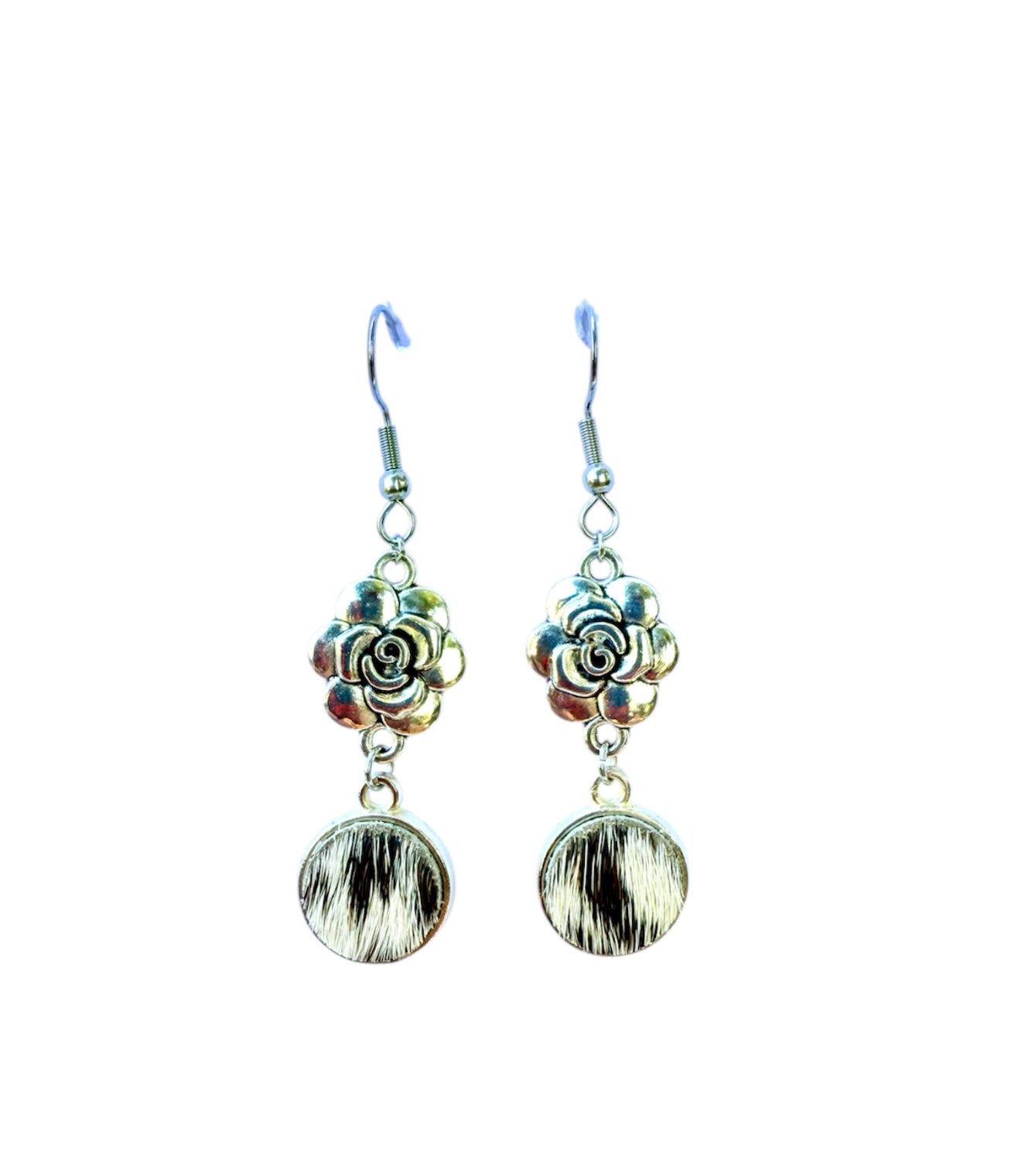 J7057A - 100% Hair on Hide Earrings with Flower Drop
