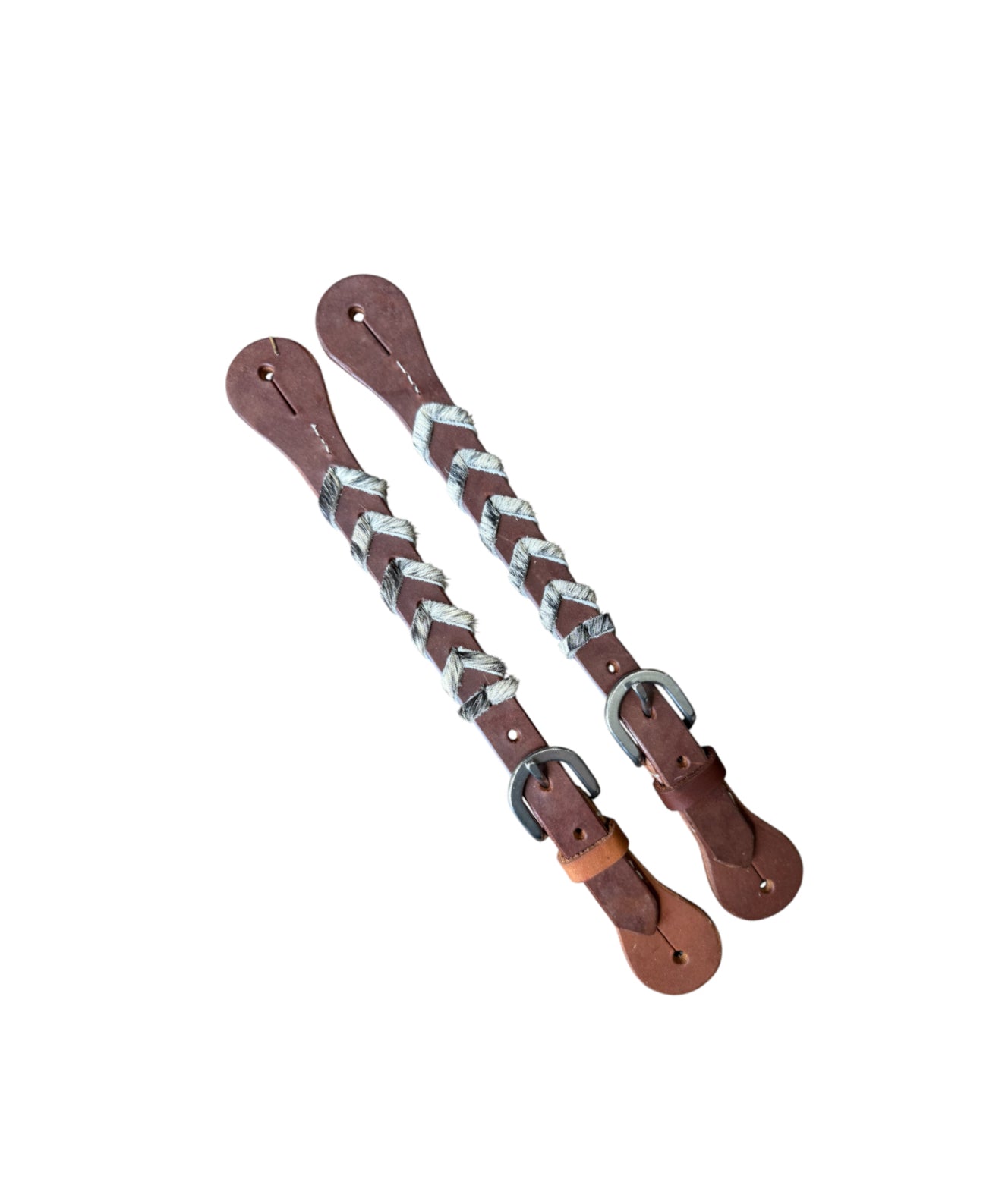 30986A - Argentina Cow Leather Ladies size spur straps with hair on cowhide lacing