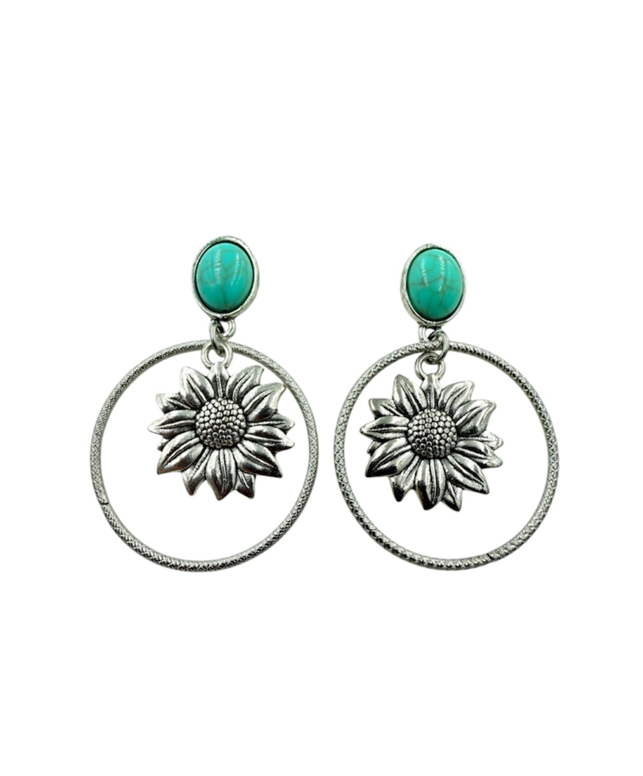 J6958 - Turquoise Stud Sunflower Dangle Earrings - Rawhide Western Wear
