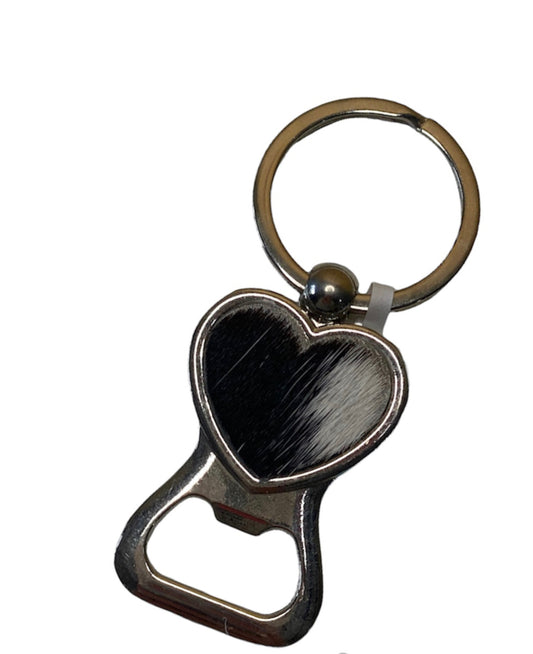 A8159 - Heart Shape Bottle Opener 100% Hair On Hide Leather Keychain