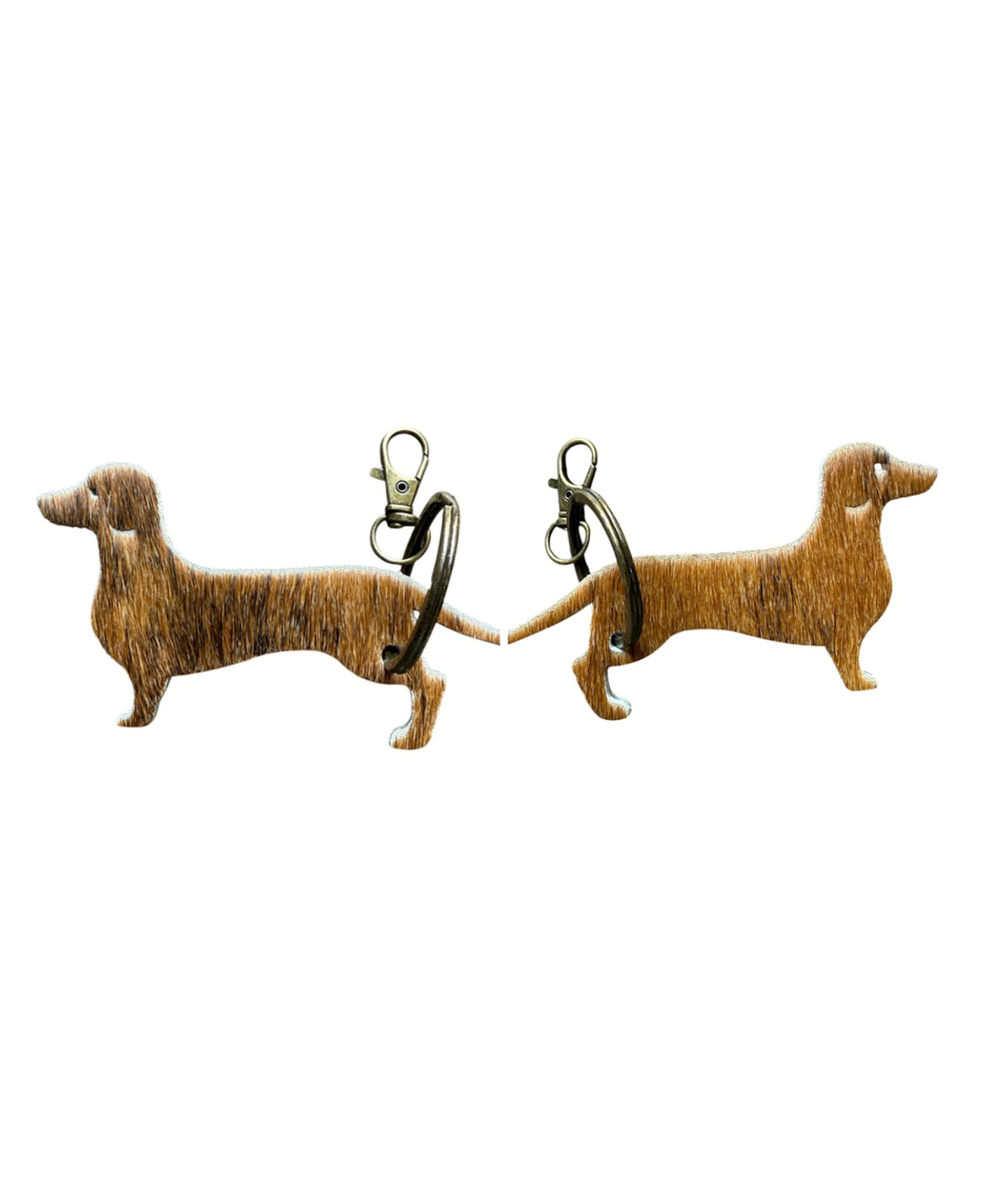 A8747 - Double Sided 100% Hair On Hide Leather Dashshund Tag Keychain w clip