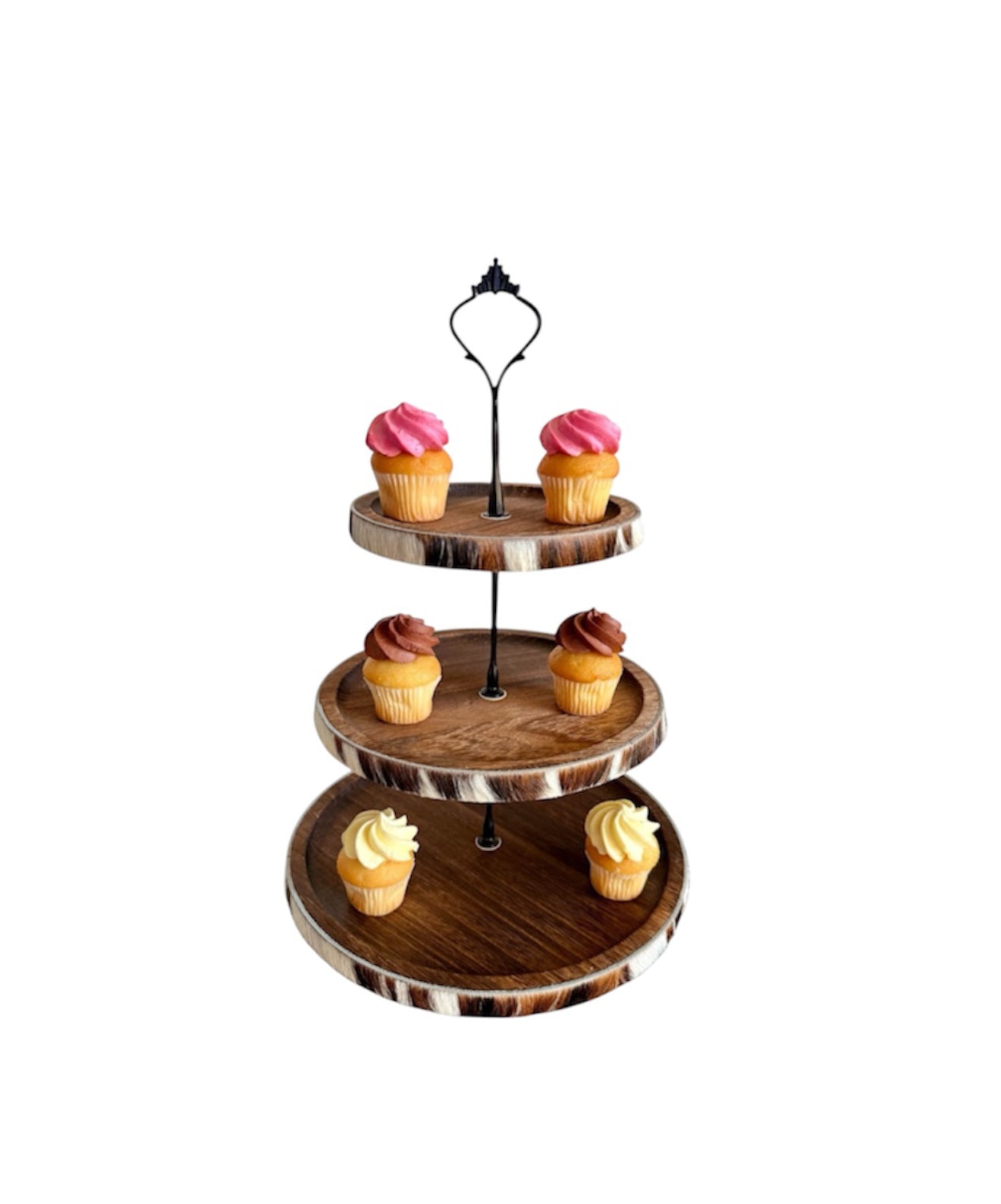 A8907B - Wooden Cupcake/Fruit Stand w Cowhide Trim