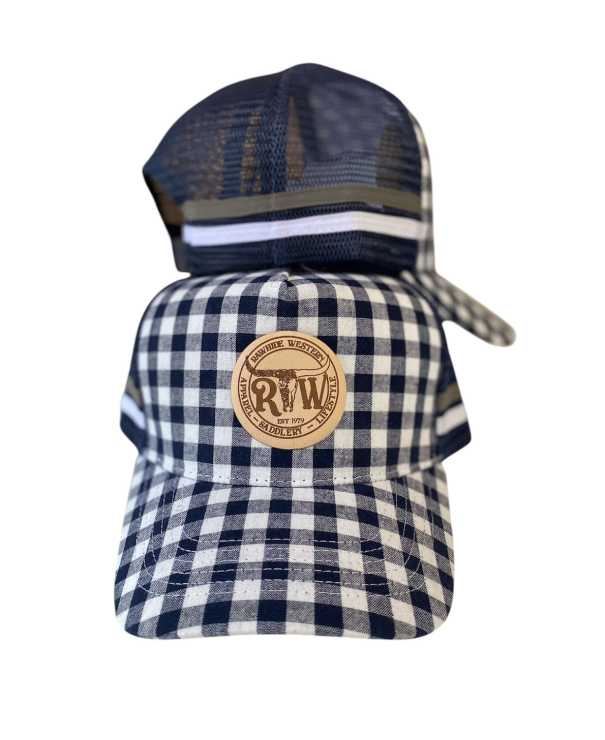 P4204 - Rawhide Navy Gingham Leather Patch Country Trucker Cap - Rawhide Western Wear