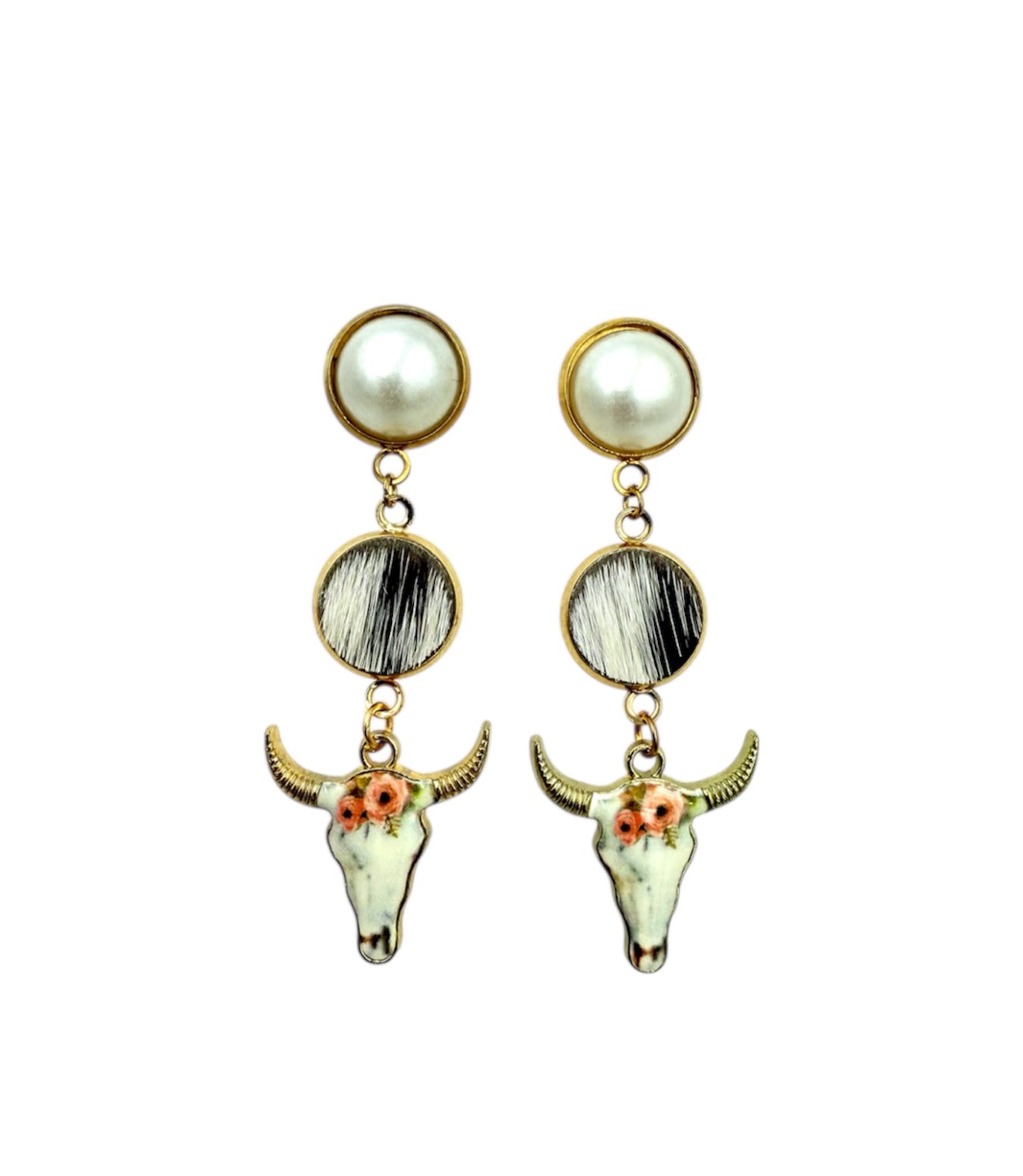 J7093B - Pearl Stud 100% Hair on Hide Earrings