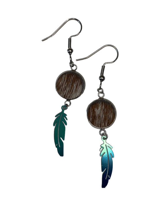 J6681A - 100% Hair on Hide Earrings with Feather