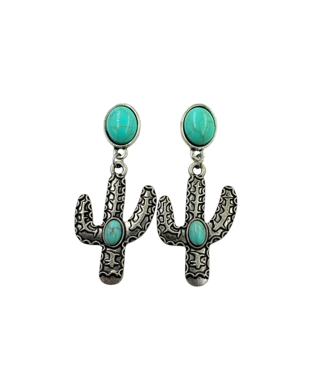 J6028 - Western Style Turquoise Cactus Drop Earrings - Rawhide Western Wear