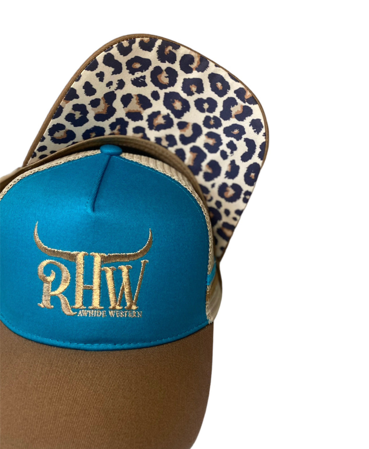 P4152 - RHW Turquoise & Leopard P/Tail Western Trucker Cap - Rawhide Western Wear