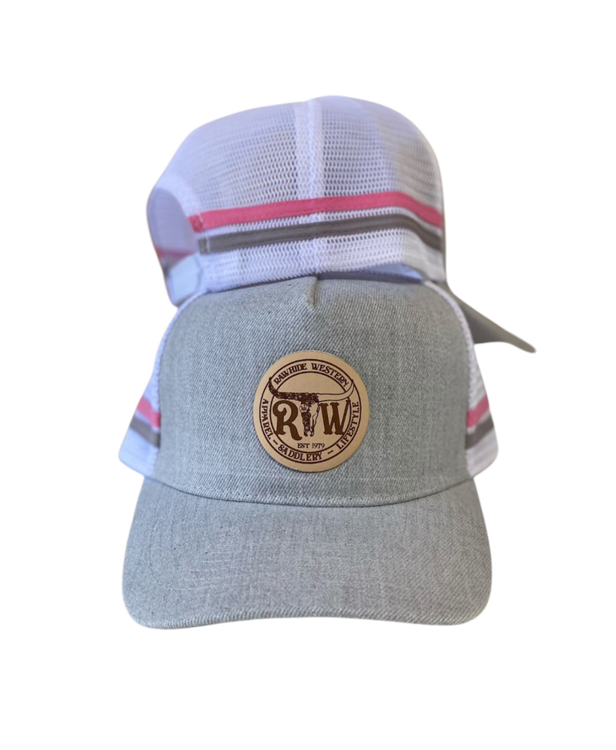 P4195 - Rawhide Lifestyle Grey Leather Patch Country Trucker Cap - Rawhide Western Wear