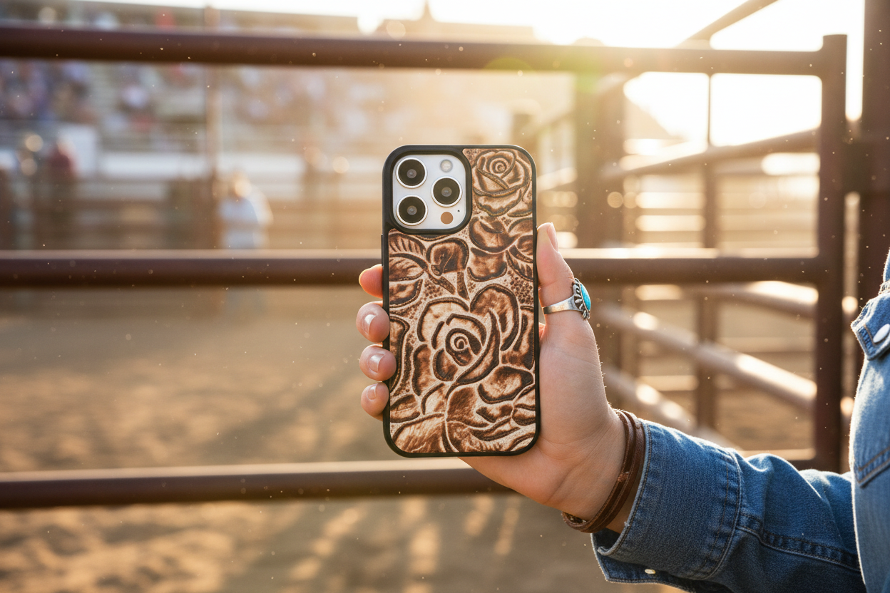 A8959 - IPhone 17 Pro Tooled Leather w Rubber Case - Rawhide Western Wear