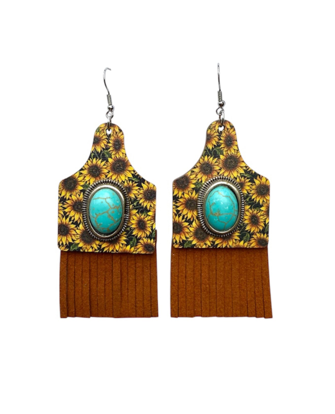 SE14875- Brown Leather Tassel Cattle Tag Earrings with Turquoise