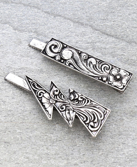 J6659 - 2Pcs Western Floral Casting Thunder and Bar Hair Clip Set