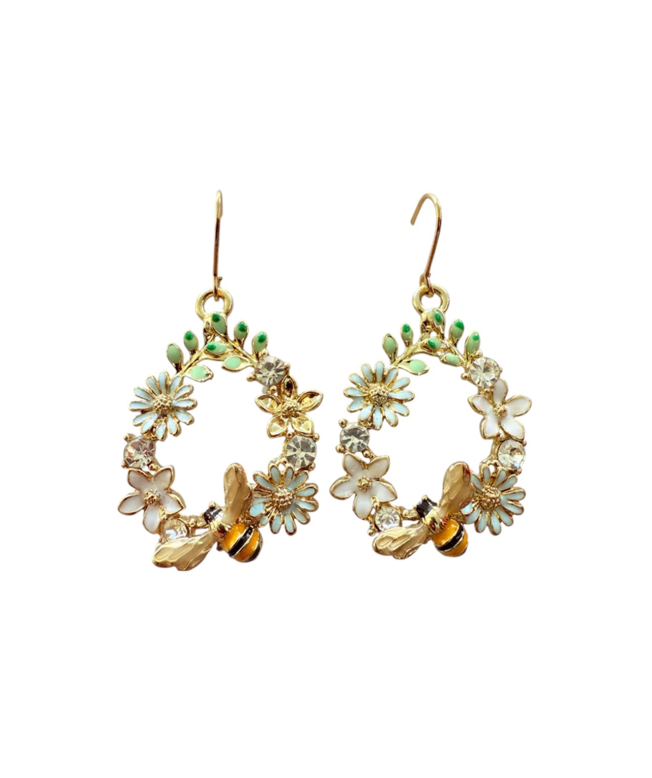 J7056 - Flowers & Bee Gold Colour Fishhook Earrings