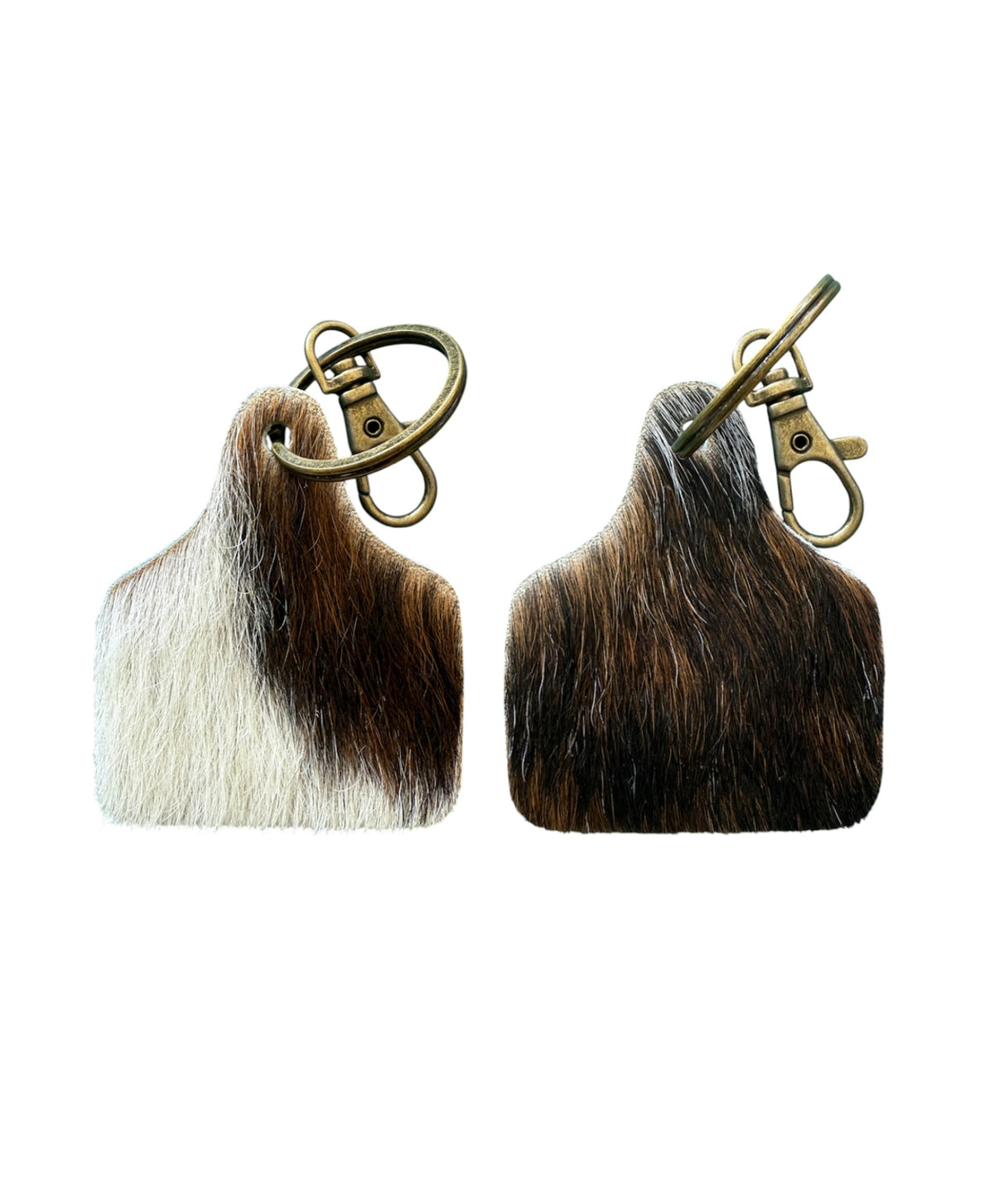 A8739 - Double Sided 100% Hair On Hide Leather Cattle Ear Tag Keychain - Rawhide Western Wear