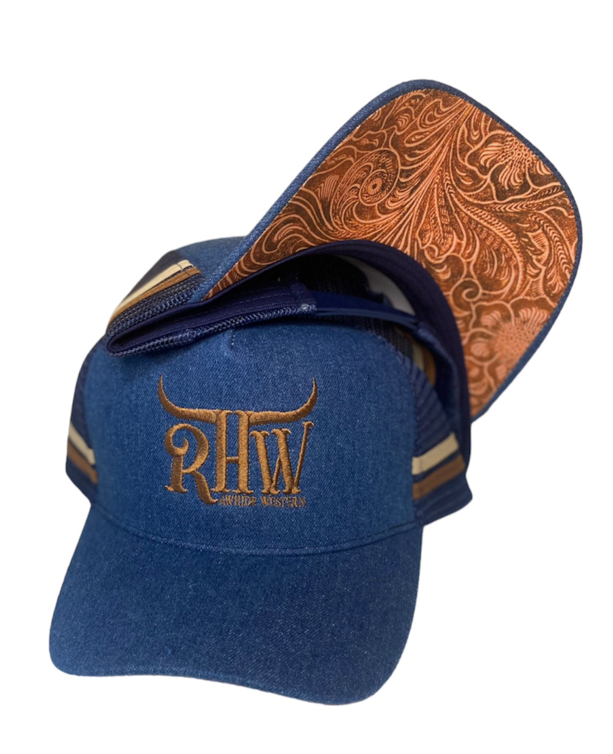 P4147 - RHW Denim & Carved Western Trucker Cap