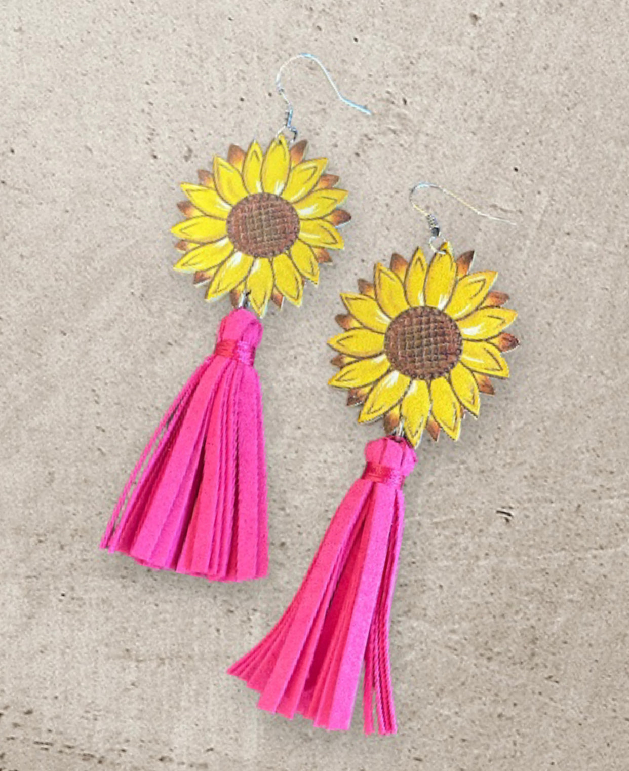 J6616 - Sunflower Leather with Tassel Dangle Earrings