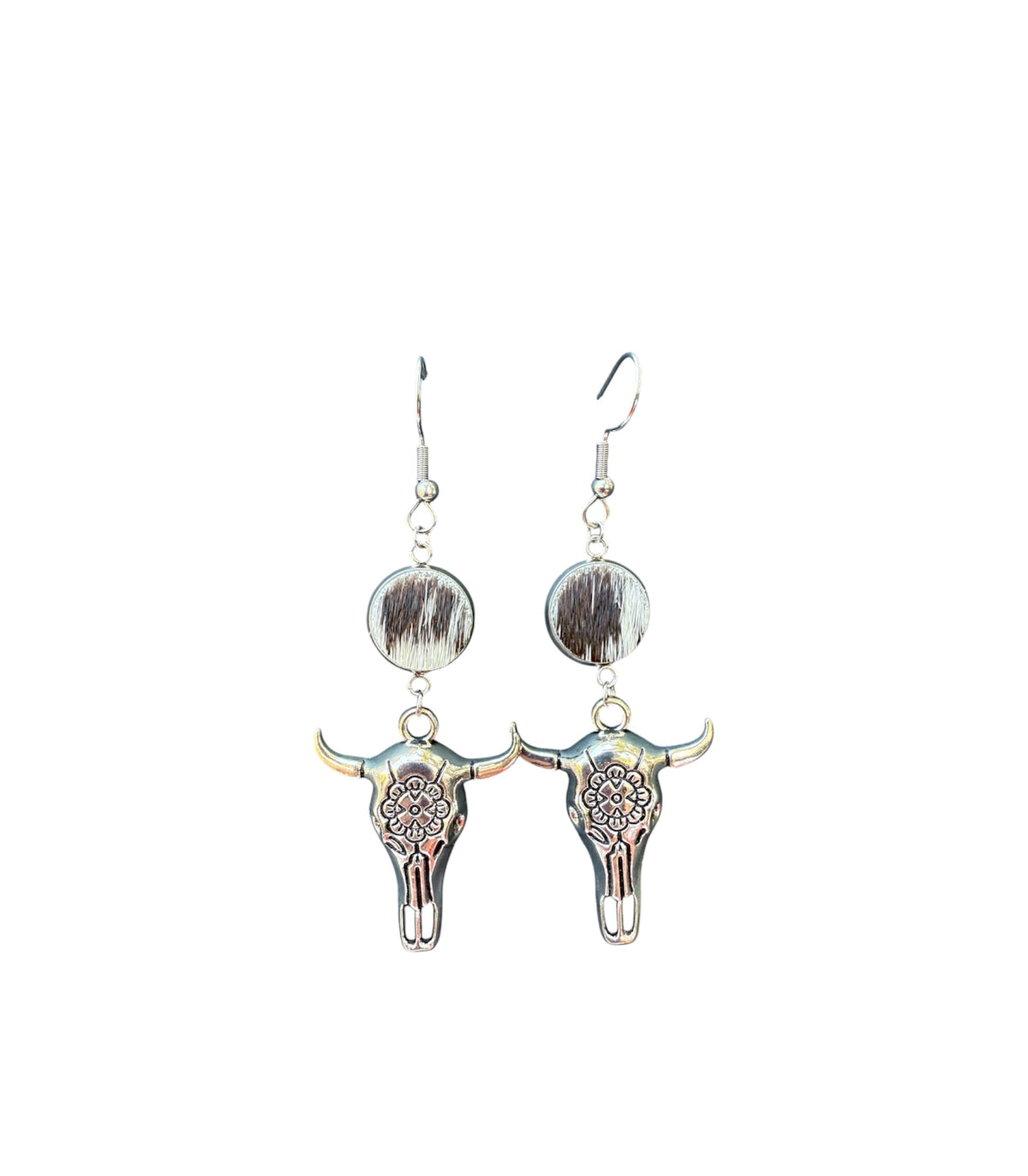J6682A - 100% Hair on Hide Earrings with Steer Head - Rawhide Western Wear