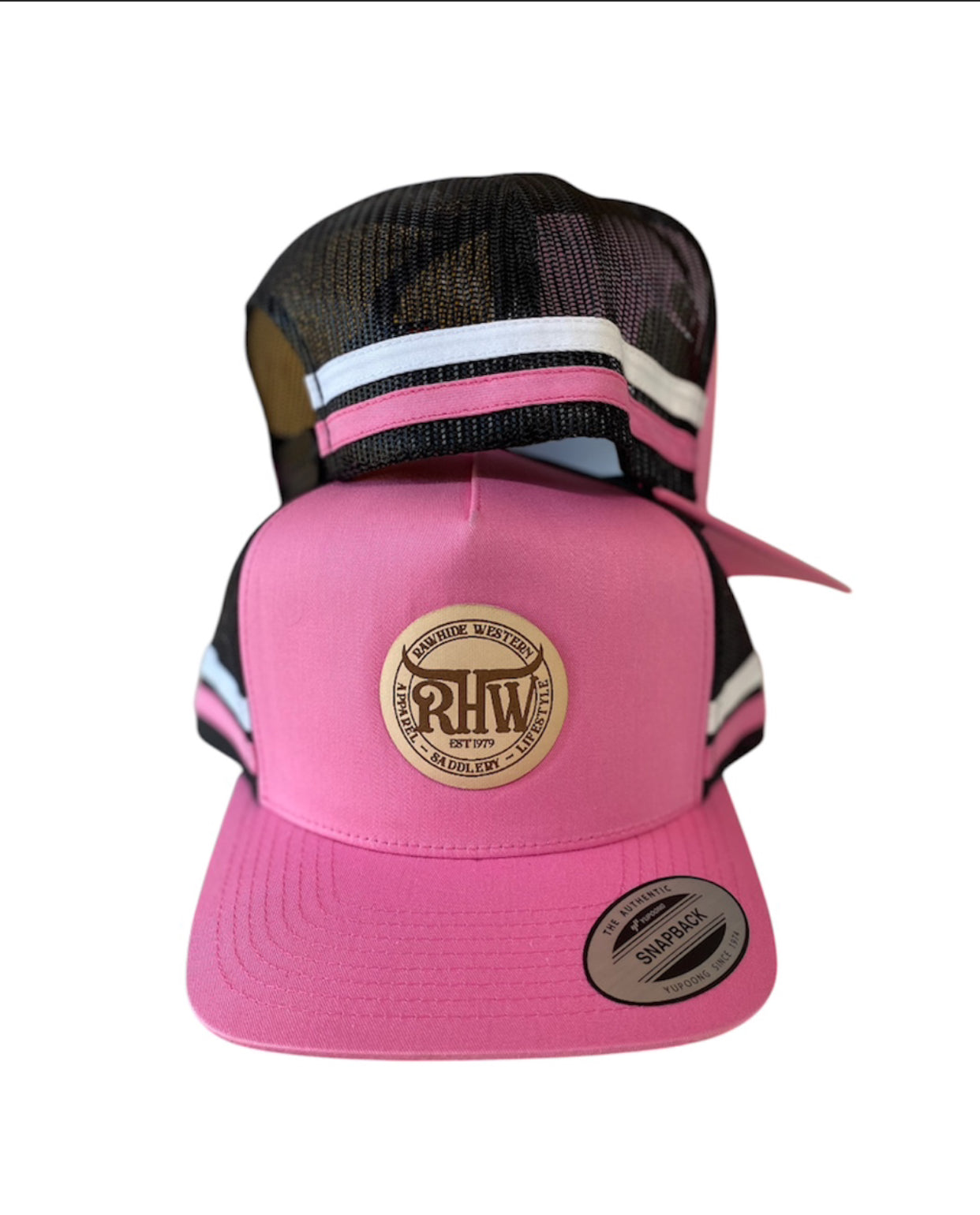 P4201- Rawhide Pink Leather Patch Yupoong Snapback Country Cap