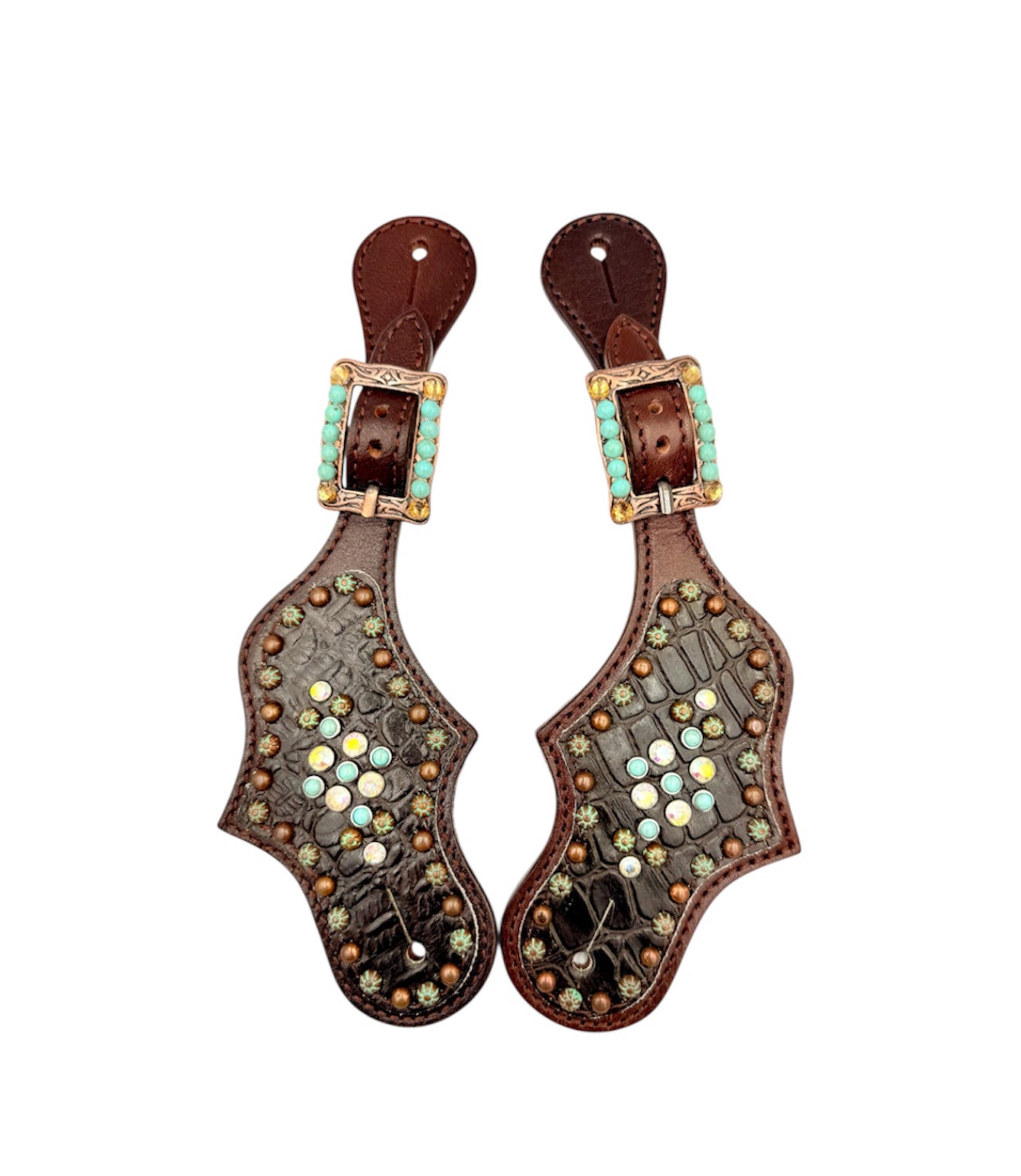 30967 - Ladies Leather Spur Straps w Turquoise Coloured Studs