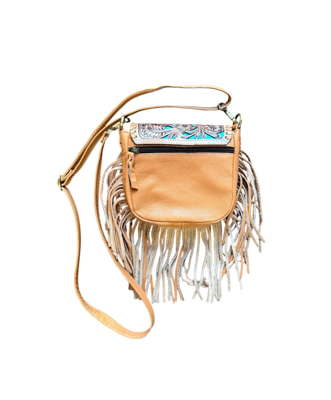 TLB14TURQ - Tooling Leather Hand Carved Flap Sling Bag