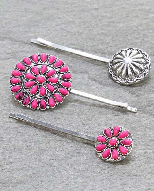 J6654 - 3 Pcs Western Concho Stone Hairpin