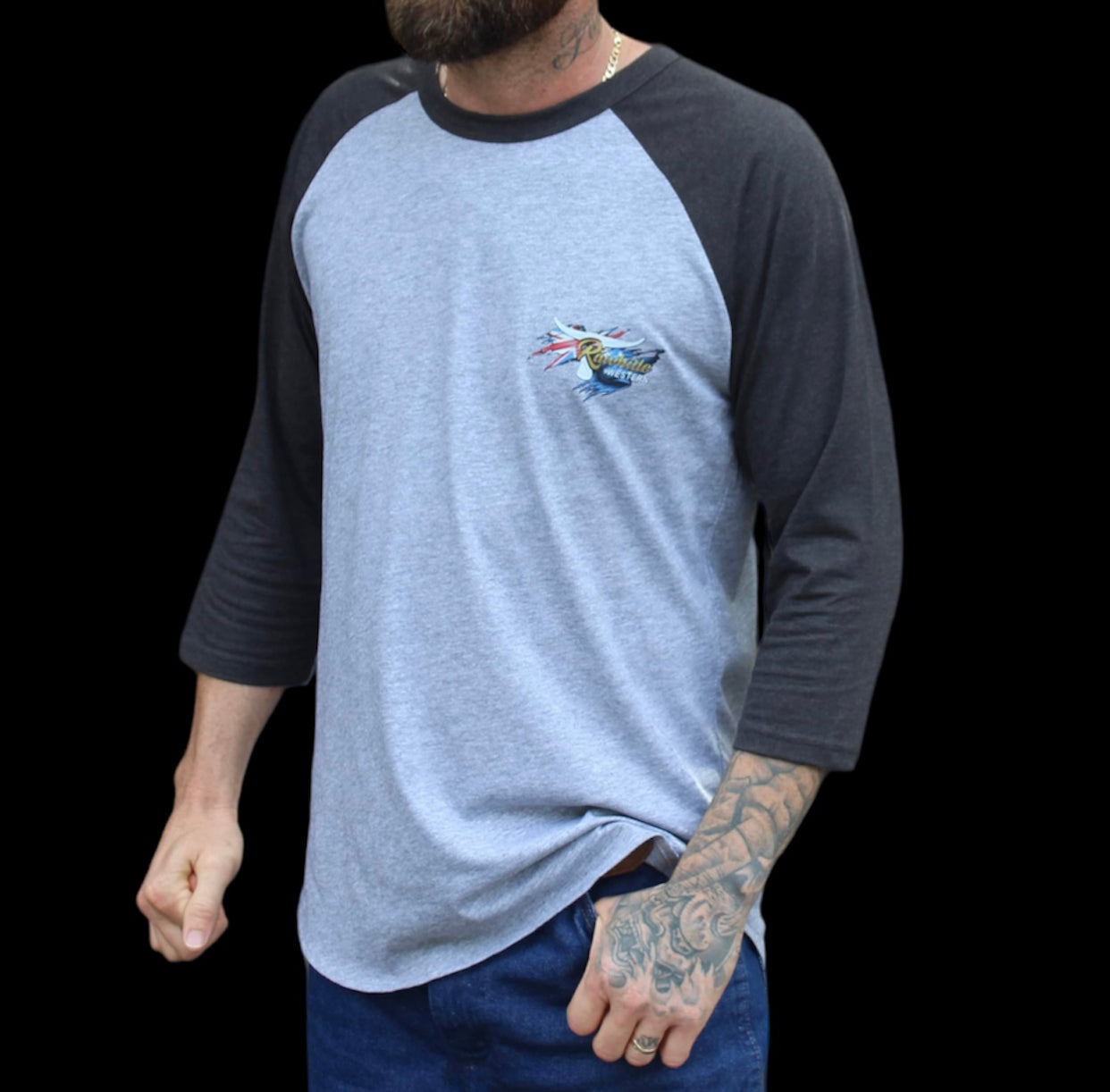 P4122 - Rawhide Grey & Asphalt Raglan Tee - Unisex - Rawhide Western Wear
