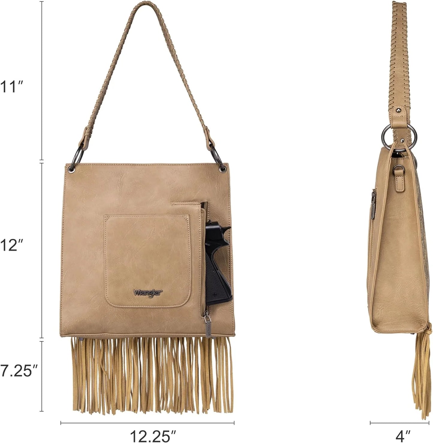 WG45G918KH - Wrangler Floral Embossed Fringe Concealed Carry Hobo/Crossbody - Khaki