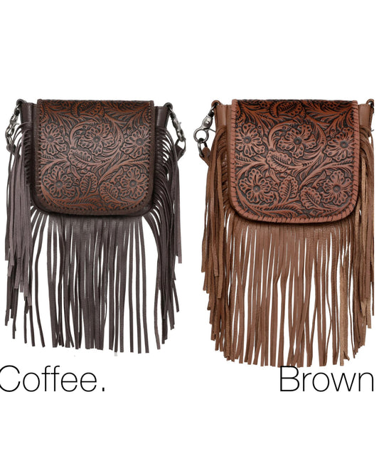RLCL159 - Montana West Genuine Leather Tooled Collection Fringe Crossbody