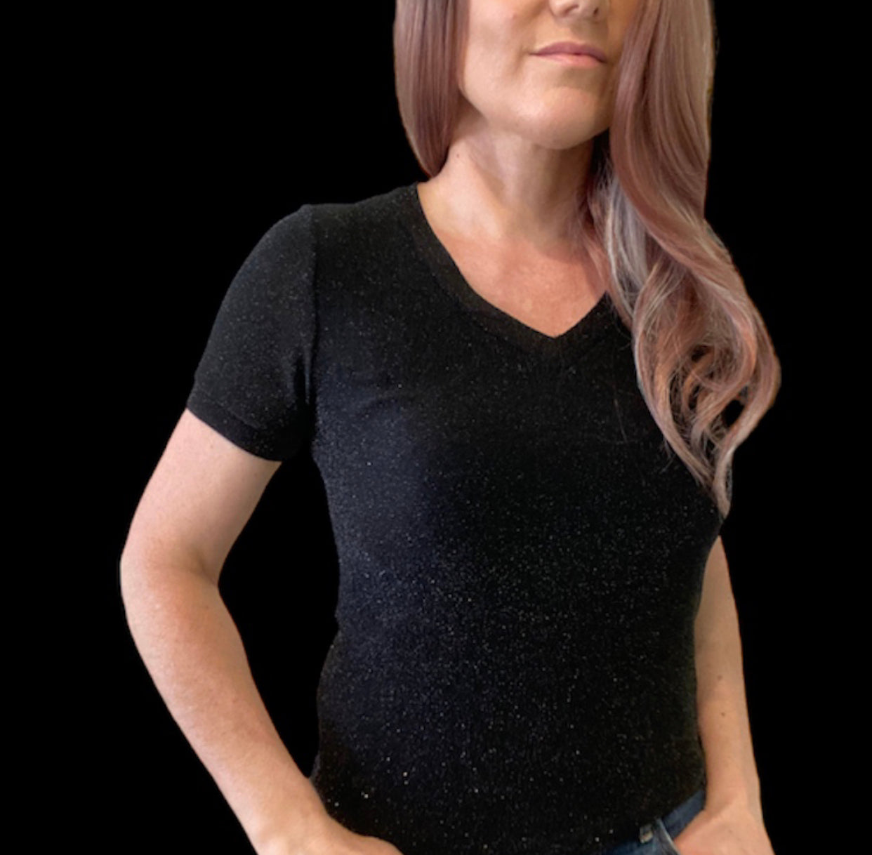 L1380 - Black Ladies Glitter V-Neck T