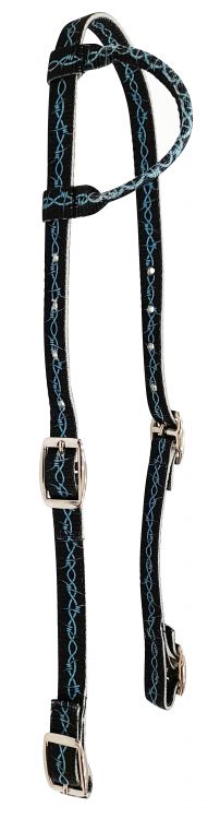 14368 - Black Nylon One Ear Headstall With Teal Barbwire Design