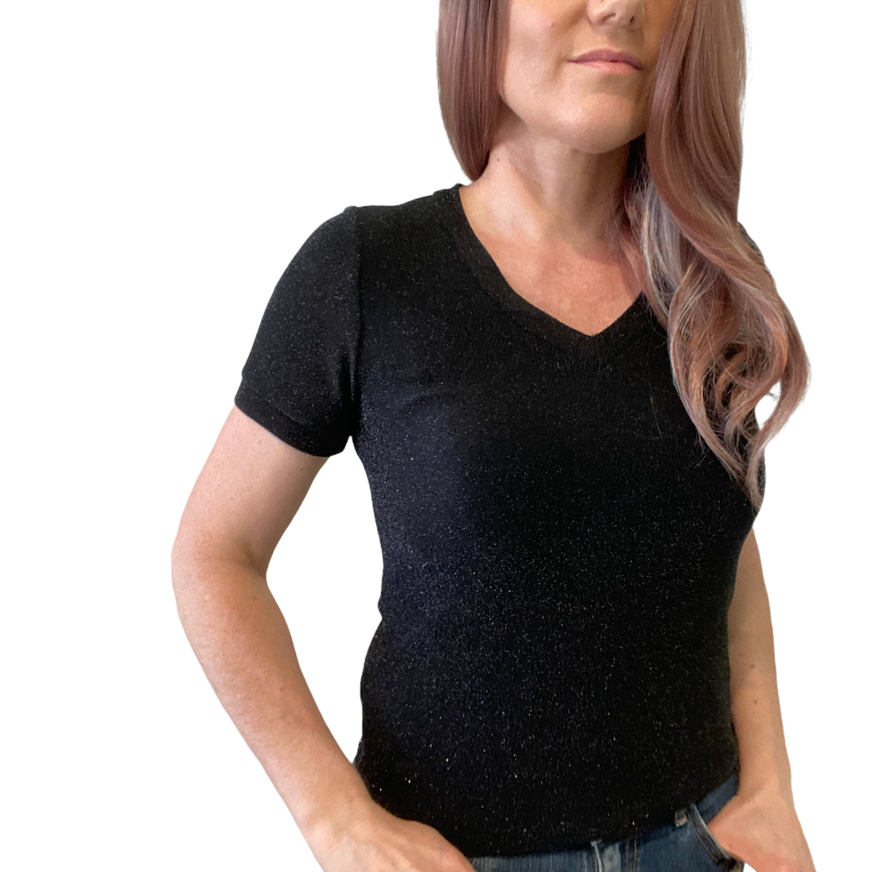 L1380 - Black Ladies Glitter V-Neck T