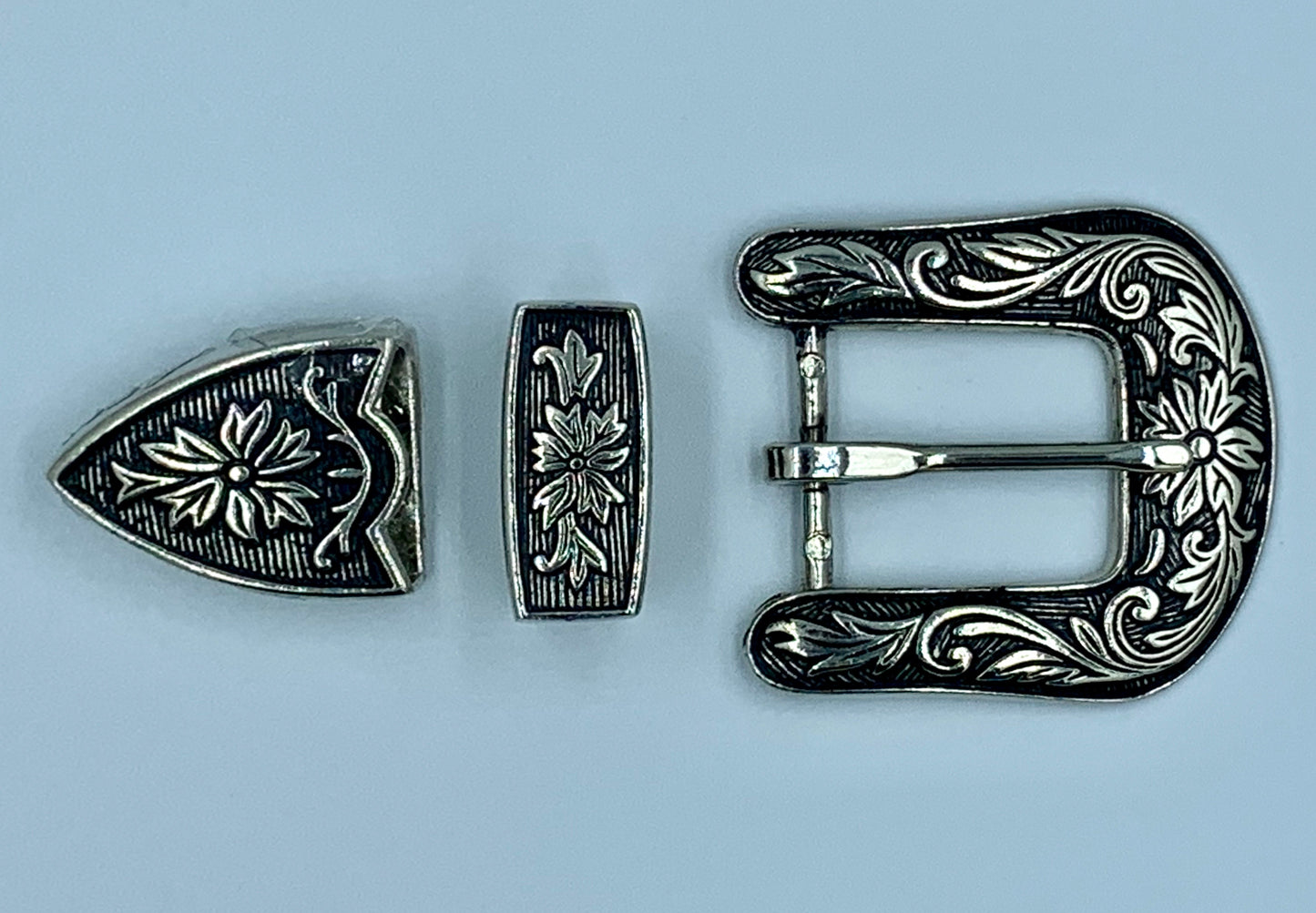 A7239 - Silver Floral Buckle & tips - Rawhide Western Wear
