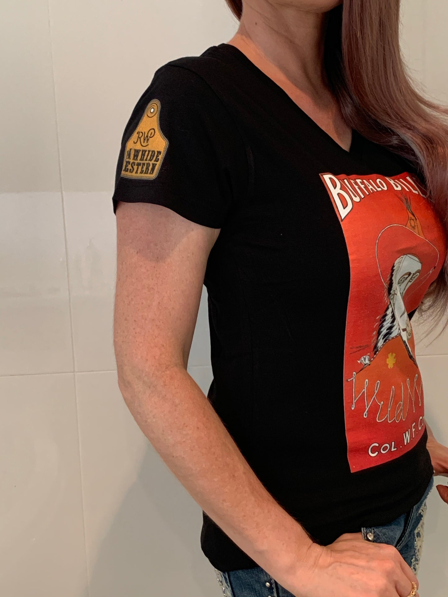 P4035 - Red Buffalo Ladies Black V Neck T - Rawhide Western Wear