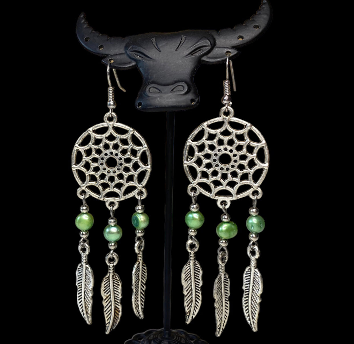 J6438G - Green Dream Catcher Earring with Feathers
