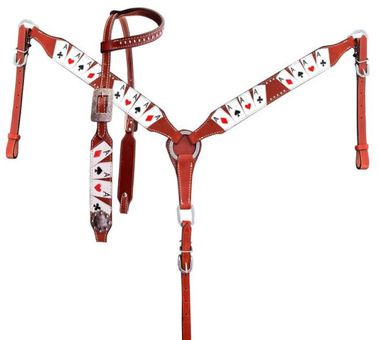 14637 - "Four of A Kind" painted One Ear Bridle, Breastplate & Split Reins Set