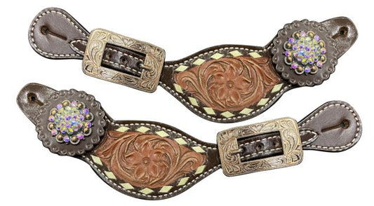 31002 - Ladies Size Two-Tone Floral tooled spur straps with rawhide accent