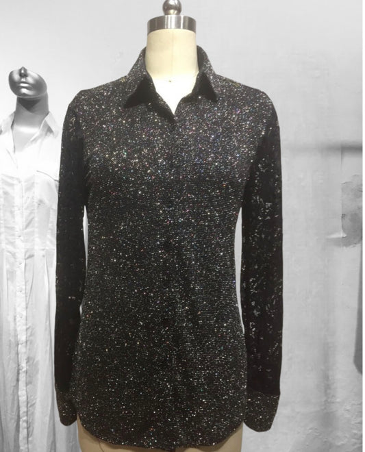 L1464 - Black Sparkle with Lace arms Ladies Western Shirt