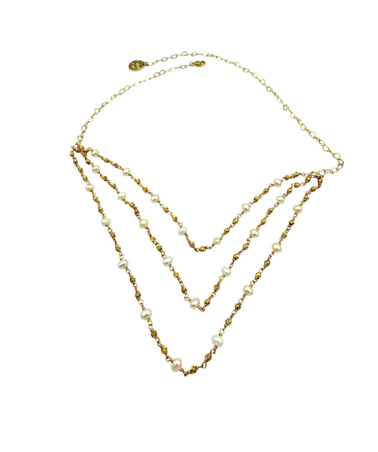 J7072 - 3 Layer Gold Colour Necklace W Freshwater Pearls