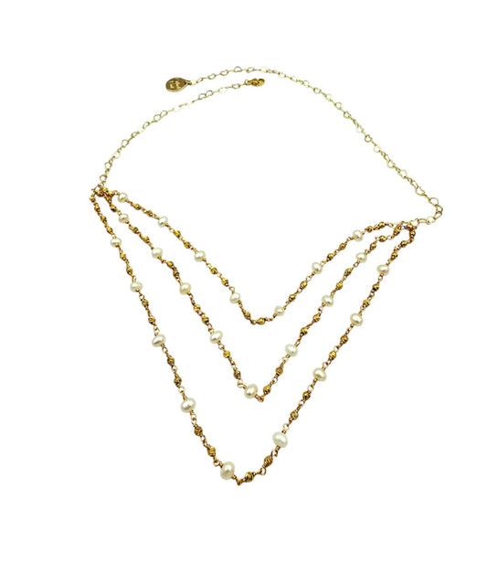 J7072 - 3 Layer Gold Colour Necklace W Freshwater Pearls