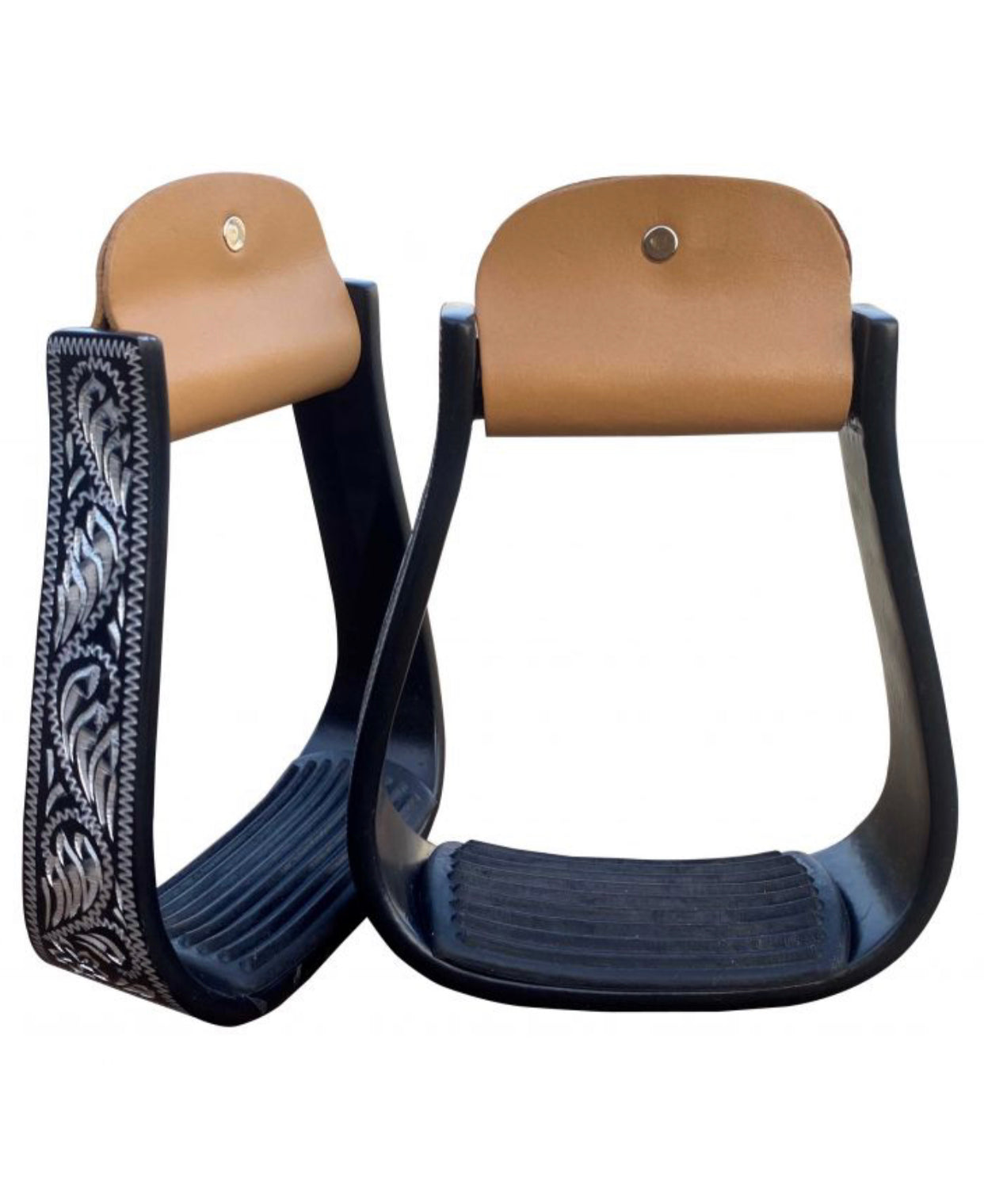 20226 - Black Aluminum Stirrups with Silver Engravings