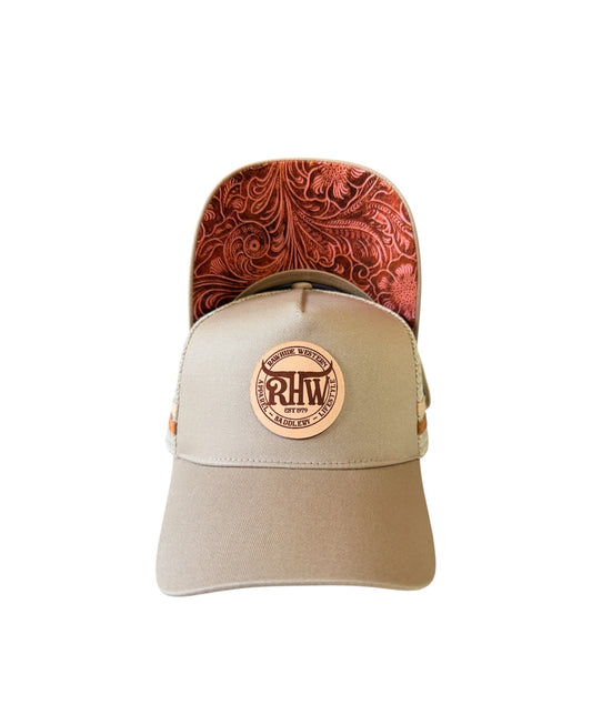 P4248 - Rawhide Stone colour Leather Patch Country Trucker Cap