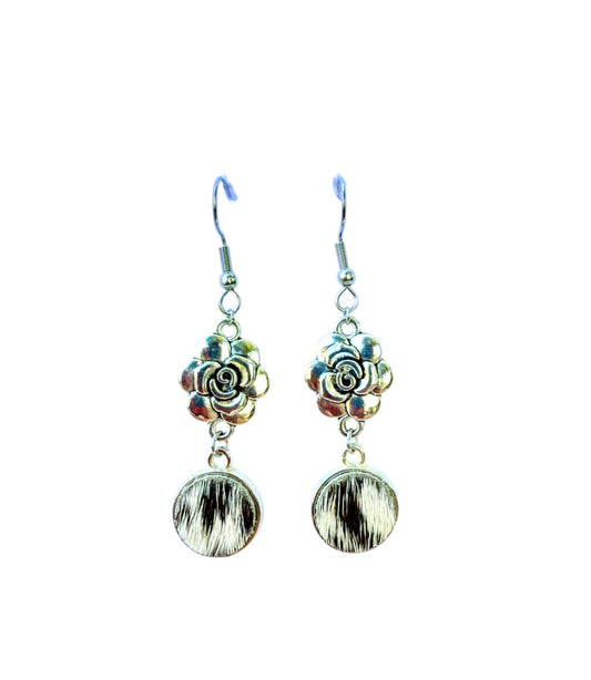 J7057A - 100% Hair on Hide Earrings with Flower Drop