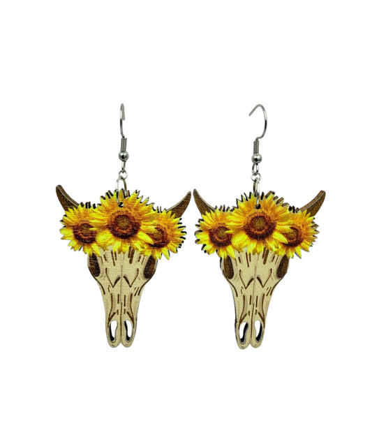 J6946 - Sunflower Bull Skull Earrings