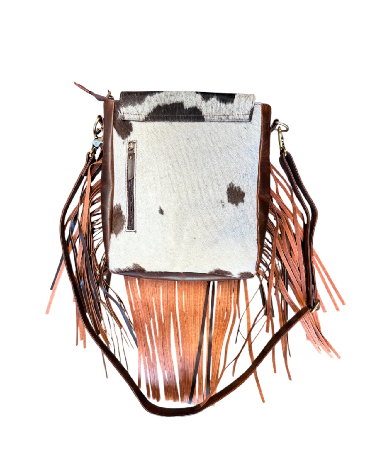 77052 -  Brown and White Cowhide Crossbody Bag with flap and brown suede fringe
