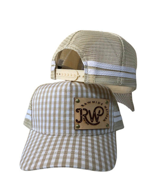 P4156 - Rawhide Stone Gingham Leather Patch Country Trucker Cap
