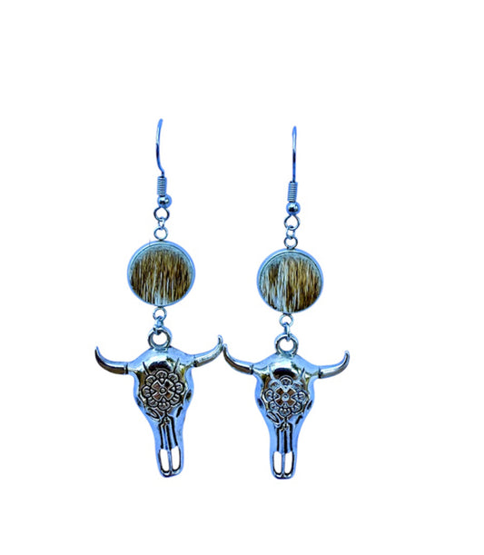 J6682E - 100% Hair on Hide Earrings with Steer Head