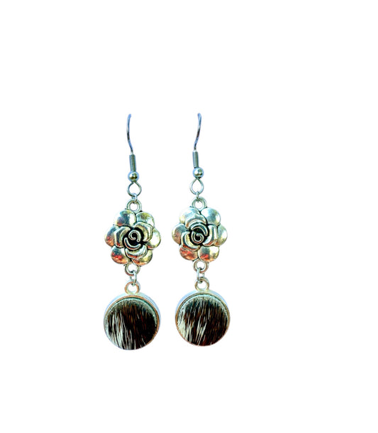 J7057 - 100% Hair on Hide Earrings with Flower Drop